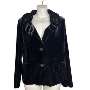 White Stag Black Velvet Embroidered Floral Collar Front Button Blazer Women's Sm